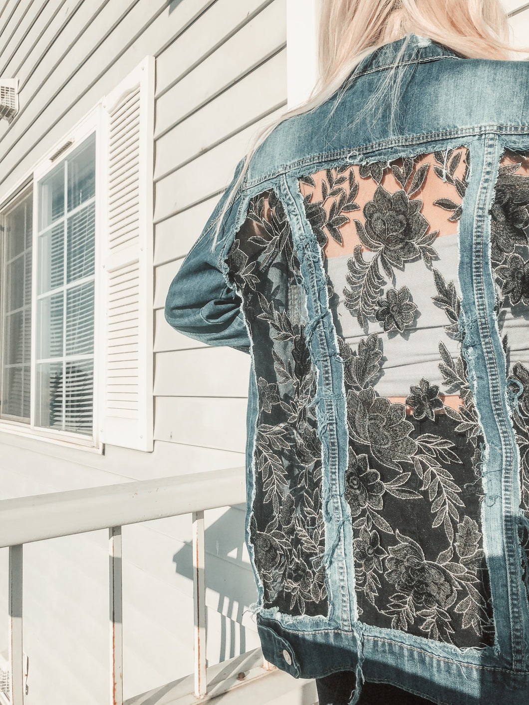Oversized and Distressed Jacket with Black Floral Lace