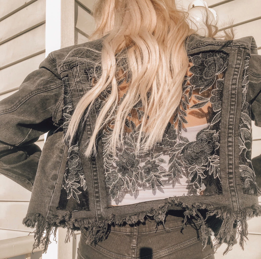 Cropped and Distressed Black Floral Jacket