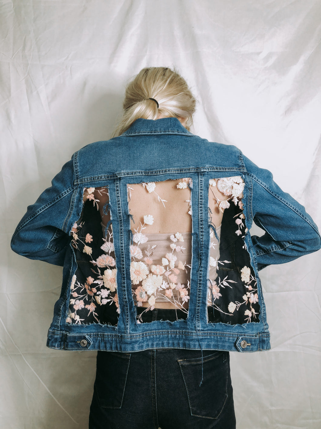 Soft Light Wash Jacket with Pink Sequin Floral